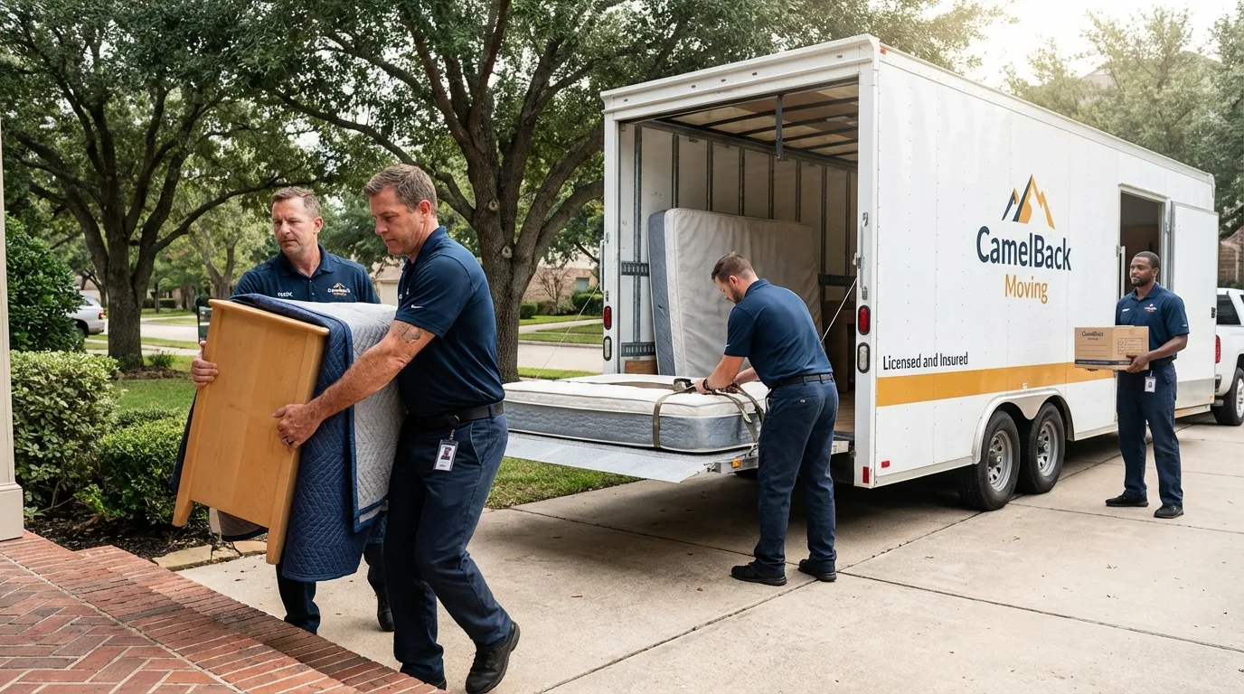 Crew loading residential truck for cross-state move from Noble, OK