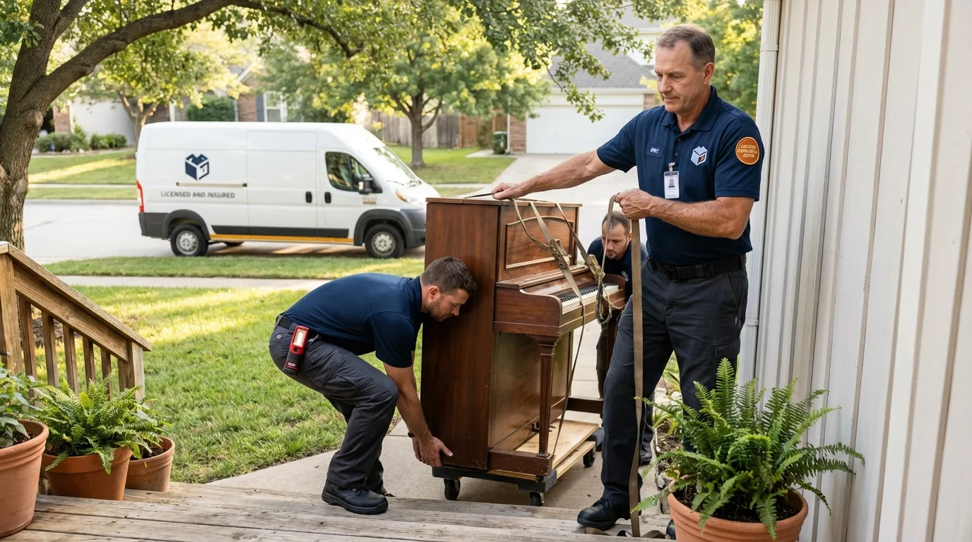 Licensed piano movers securing grand piano in Noble, OK