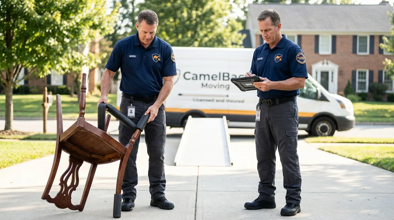 Movers inspecting furniture for damage prevention before loading in Noble, OK